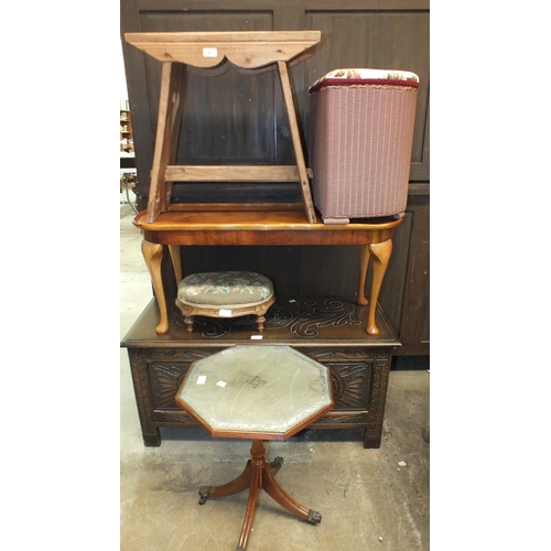 4 - A 20th century oak blanket box, two modern occasional tables, a Lloyd Loom box, a rustic pine stool ... 