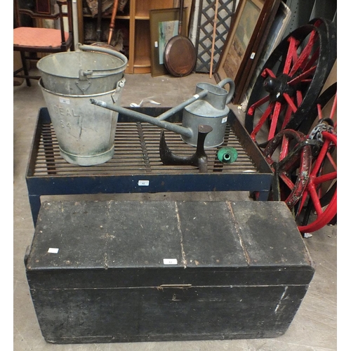 42 - An iron milk churn stand, 25 x 94cm, a galvanised watering can, two buckets and other items.... 