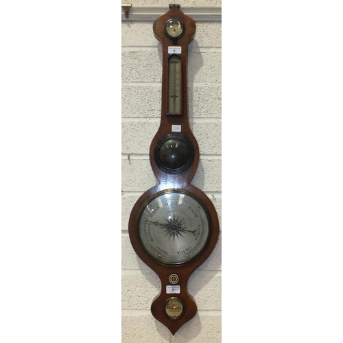 8 - A mahogany wheel barometer with silvered dry/damp thermometer and barometer dials, the spirit level ... 