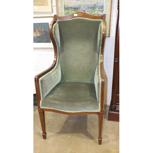 1 - An Edwardian mahogany-framed upholstered salon chair with high back, on square tapered legs and a sm... 