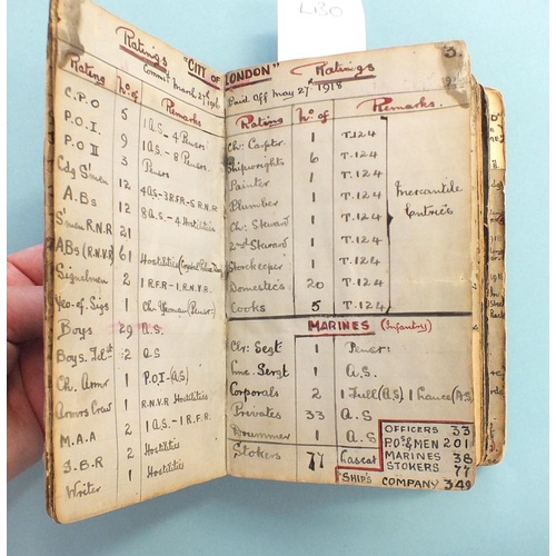 104 - A small hand-written book compiled by Cmdr L B Watts RNV, covering his WWI and later service, with d... 