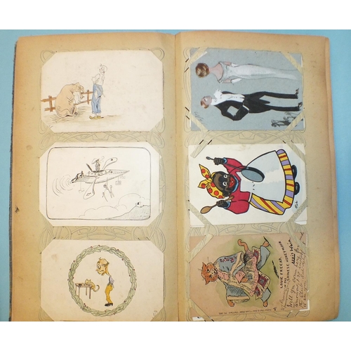 116 - An early-20th century album of 107 postcards, mainly humorous, some hand-drawn, some Italian.... 