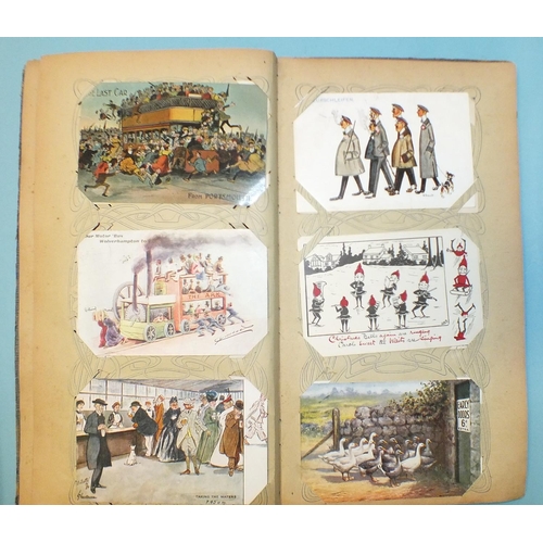 116 - An early-20th century album of 107 postcards, mainly humorous, some hand-drawn, some Italian.... 