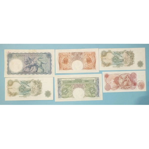 129 - A collection of six Bank of England O'Brien bank notes: Britannia Series one-pound U78J 941496, ten-... 