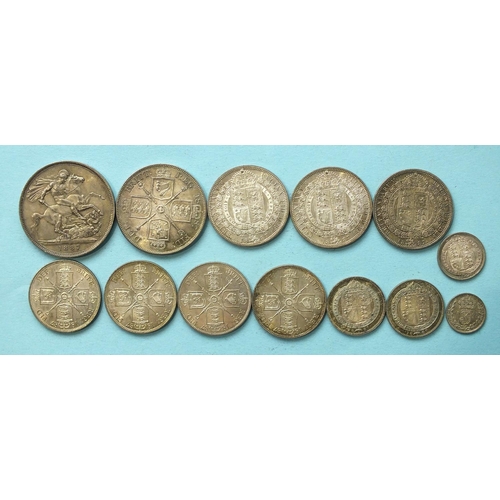 140 - Great Britain, a collection of Queen Victoria coins, all dated 1887: a crown, double-florin, three h... 