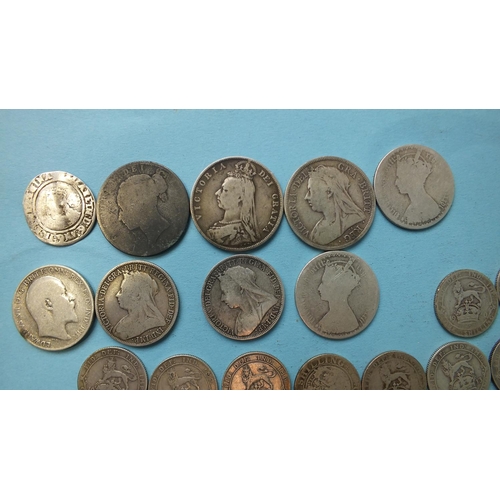 144 - An Elizabeth I hammered silver sixpence and a collection of pre-1919 silver coinage, (value £2 7s 9d... 