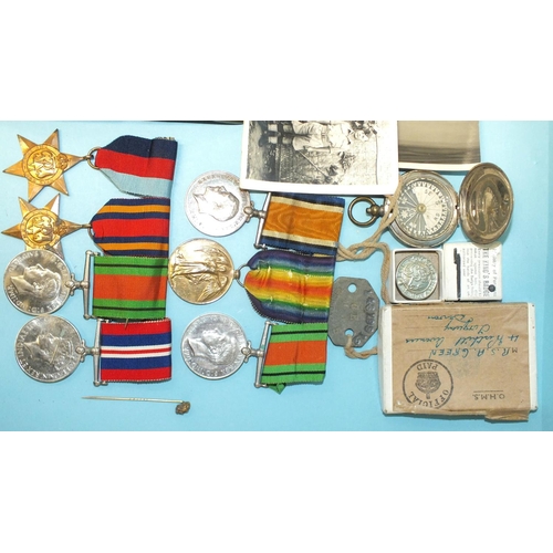 166 - A father/son group comprising: a WWI/WWII group of three medals to 31858 Pte A Green DCLI: British W... 