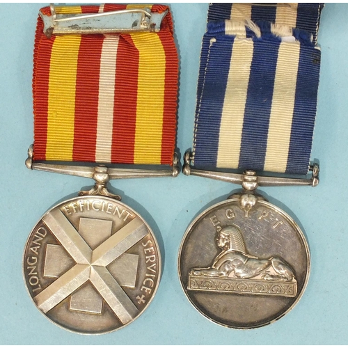 167 - An Egypt 1882-1889 medal, undated, awarded to W Noon, Pte RMLI and a Voluntary Medical Service Medal... 