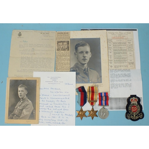 170 - A WWII group of three medals awarded to Lt John McAlister Roberts 194272, 276 Field Coy RE who was k... 