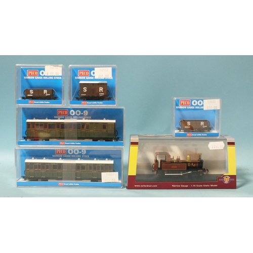 241 - Peco OO-9 Narrow gauge, rolling stock: two coaches and three wagons and an Oxford Rail 1:76 Static M... 