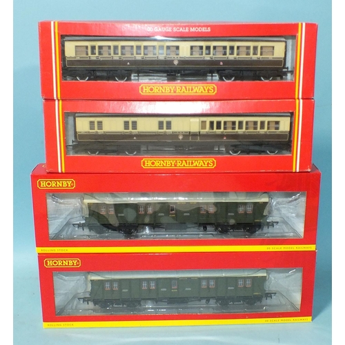 250 - Hornby OO gauge, four boxed coaches: R4535 and R4535A S.R. Bogie Passenger Brake and R484 and R488 G... 