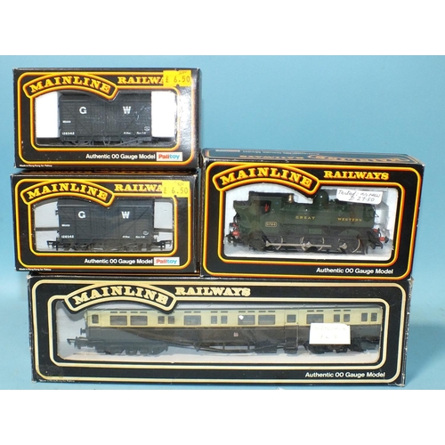 255 - Mainline OO gauge, 37084 0-6-0PT 5700 Class GWR pannier locomotive, a GWR coach and two GWR wagons, ... 