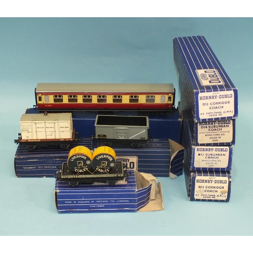 304 - Hornby Dublo, five boxed coaches: D12 Corridor Coach (x3), D13 and D14 Suburban Coaches and three bo... 