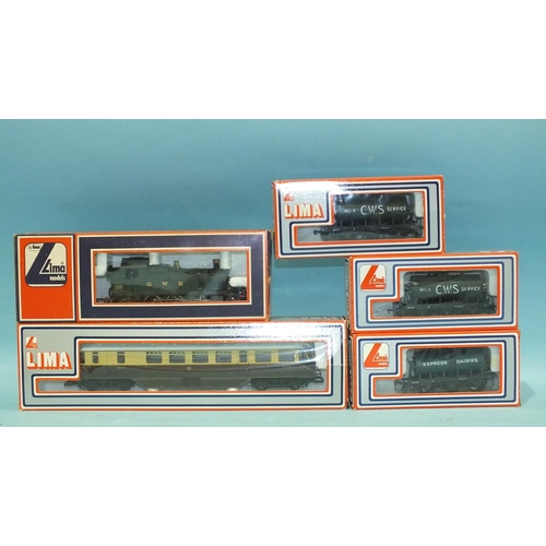 319 - Lima OO gauge, 205132 MWG GWR Rail Car RN22, 5111M GWR 2-6-4 Pannier tank locomotive and three wagon... 