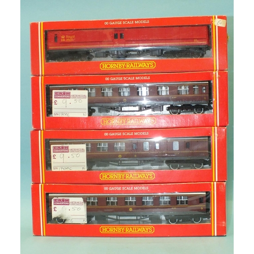 322 - Hornby OO gauge, three coaches: R474 (x2) and R475 and R592 Royal Mail coach, (all boxed), (4).... 