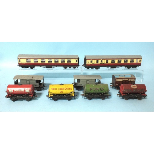 356 - Hornby Dublo, two corridor coaches, seven various wagons, (no boxes, roof missing), track, etc.... 