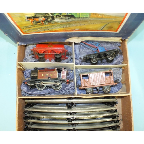 369 - Hornby O gauge, 201 LMS Goods Set with 0-4-0 tank engine RN2270, (boxed, box poor).