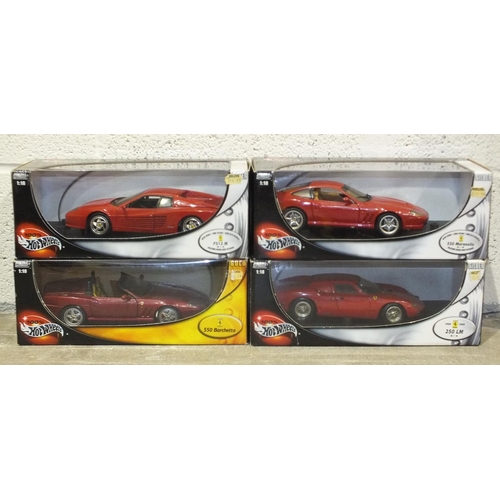 387 - Hot Wheels 1:18 scale, four boxed Ferrari diecast cars, (n.b, some a/f, all have been out on display... 