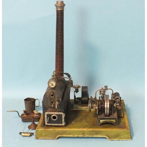 493 - An early-20th century live steam stationary engine, the spirit-fired horizontal boiler fitted with p... 