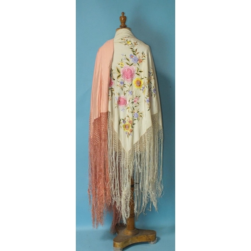 513 - A Chinese machine-embroidered cream silk piano shawl, with hand-knotted fringe, (2m square excluding... 