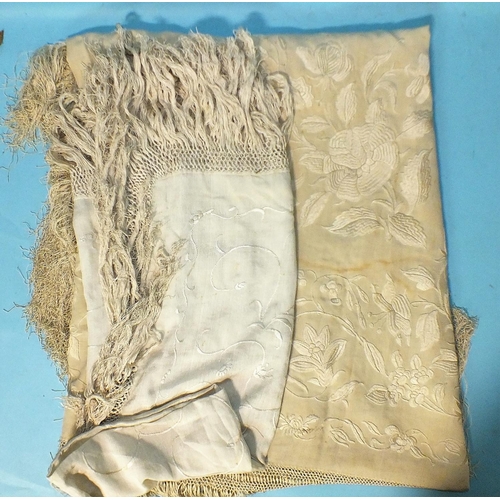 515 - A Chinese cream silk piano shawl, hand-embroidered in cream silk, fringed, (rust mark and staining),... 