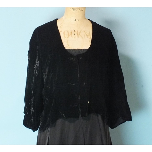 525 - A vintage black silk chiffon and lace evening dress with silk slip, size UK12 approximately, a black... 