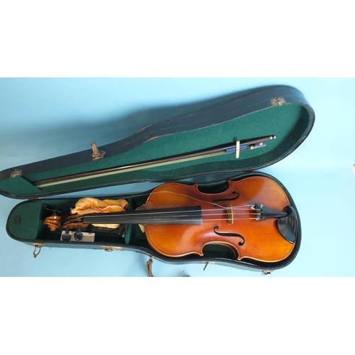 535 - A Berini viola with two-piece back, 43cm, 70cm overall, with bow, in case.