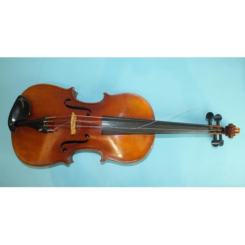 535 - A Berini viola with two-piece back, 43cm, 70cm overall, with bow, in case.