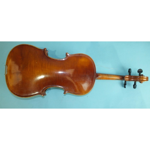 535 - A Berini viola with two-piece back, 43cm, 70cm overall, with bow, in case.