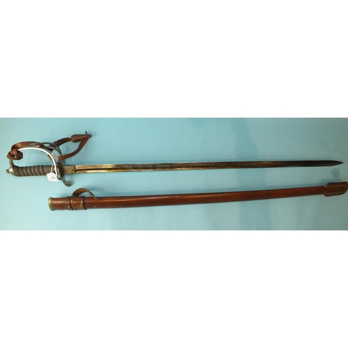 582 - A 20th century military sword in leather covered scabbard with chrome finished hilt, fish-skin grip ... 