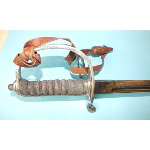 582 - A 20th century military sword in leather covered scabbard with chrome finished hilt, fish-skin grip ... 