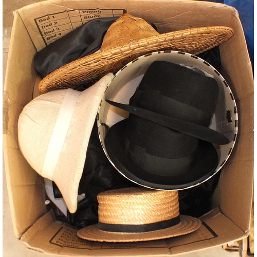 503 - A beaver skin top hat by Dunn & Co, London, approximate size 7.25, in hat box, a child's straw b... 