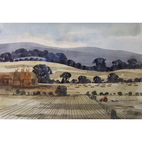 10 - Robert Tavener (1920-2004) OAST HOUSES AND CORNFIELD Signed watercolour, 16 x 24cm, titled Bankside ... 
