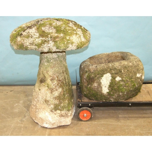 118 - A small square granite trough, 47cm, 34cm high and a granite staddle stone, (2).