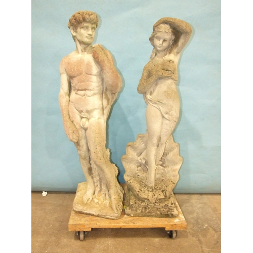 125 - Two modern cast concrete garden statues: a 'Birth of Venus'-style figure standing in a shell and a m... 