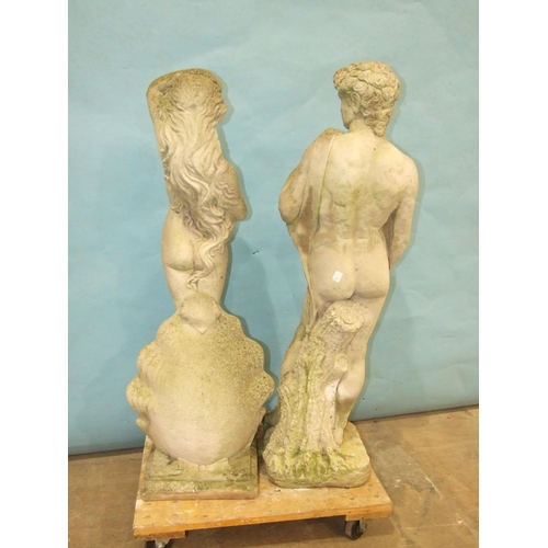 125 - Two modern cast concrete garden statues: a 'Birth of Venus'-style figure standing in a shell and a m... 