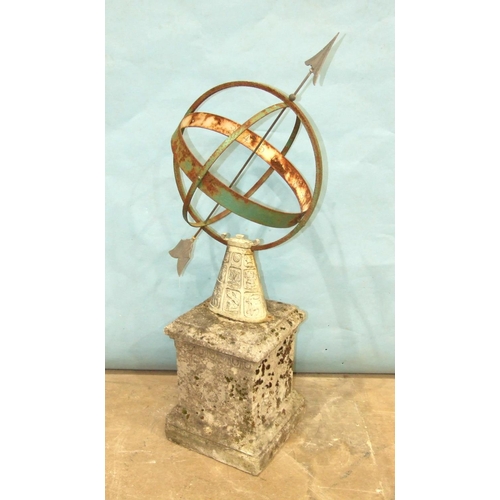 127 - A painted metal Orrery sundial, 79cm high, on square concrete plinth, 116cm high overall.... 