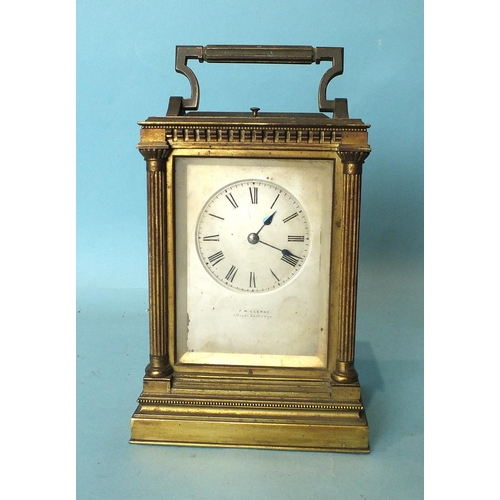 135 - F W Clerke, Royal Exchange, a 19th century English repeating carriage clock, the colonnaded case wit... 