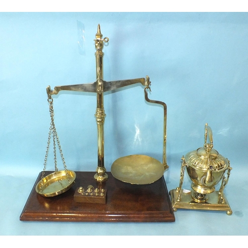 152 - A set of W & T Avery brass Class B balance scales on mahogany base, 60cm high, together with a s... 