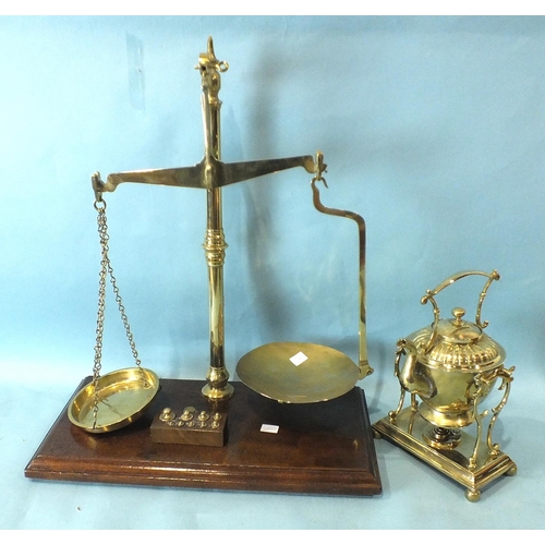 152 - A set of W & T Avery brass Class B balance scales on mahogany base, 60cm high, together with a s... 