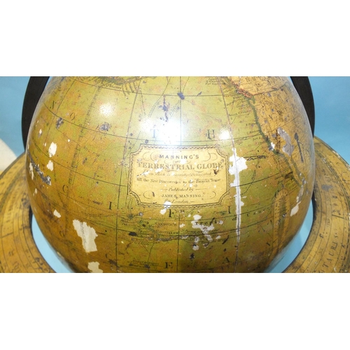 154 - A Manning's table-top terrestrial globe of 12'' diameter, within bronze brass meridian ring, the hor... 