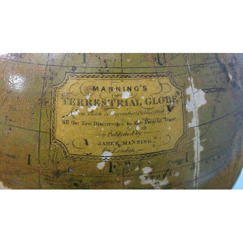 154 - A Manning's table-top terrestrial globe of 12'' diameter, within bronze brass meridian ring, the hor... 