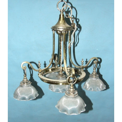 158 - A late-19th/early-20th century brass five-light institutional hanging light fitting, with five ribbe... 