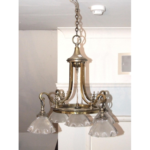 158 - A late-19th/early-20th century brass five-light institutional hanging light fitting, with five ribbe... 