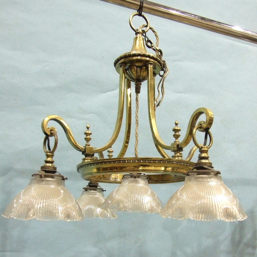 158 - A late-19th/early-20th century brass five-light institutional hanging light fitting, with five ribbe... 