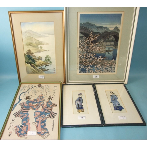 18 - Two Chinese watercolour collage pictures of male and female figures, 18 x 8cm, a Japanese watercolou... 
