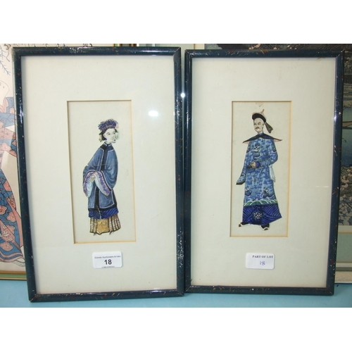 18 - Two Chinese watercolour collage pictures of male and female figures, 18 x 8cm, a Japanese watercolou... 