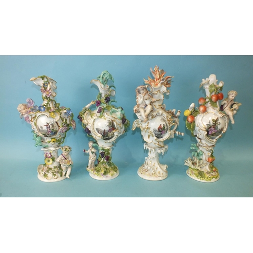 225 - A matched group of four 18th century Meissen vases emblematic of the seasons, 33cm high, crossed swo... 