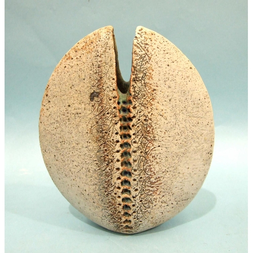 230 - Alan Wallwork (1931-2019), a split oval stoneware vase with incised AW to base, 18cm high, 15cm wide... 