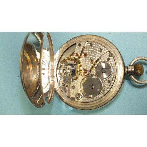 257 - J W Benson, a silver-cased keyless half-hunter pocket watch, the white enamel dial with Roman numera... 